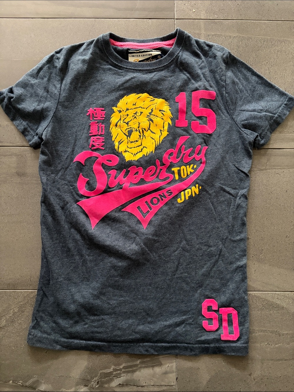 Superdry Navy Graphic Tee with Pink & Yellow print